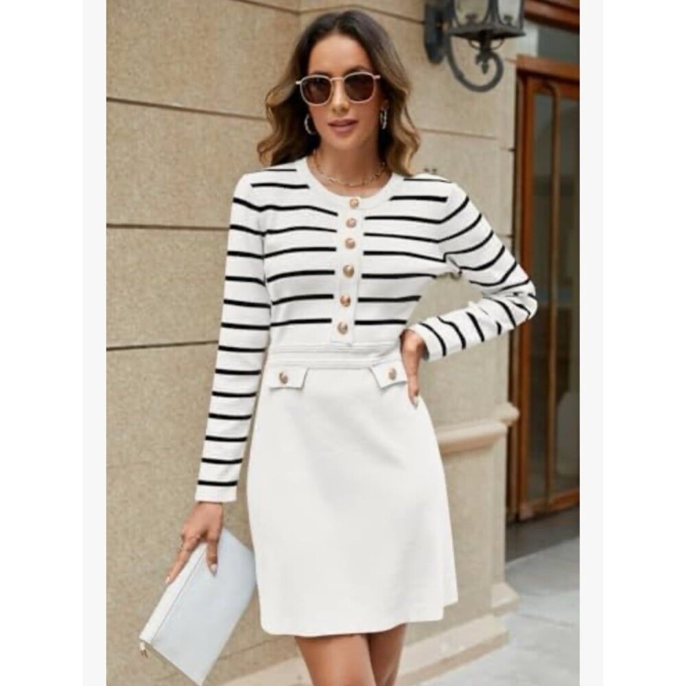 MEROKEETY Women's Long Sleeve White Striped Sweater Dress Gold Button Crewneck